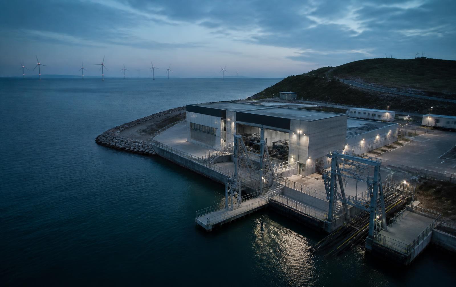 Coastal fiber landing station at dusk with offshore wind turbines on the horizon