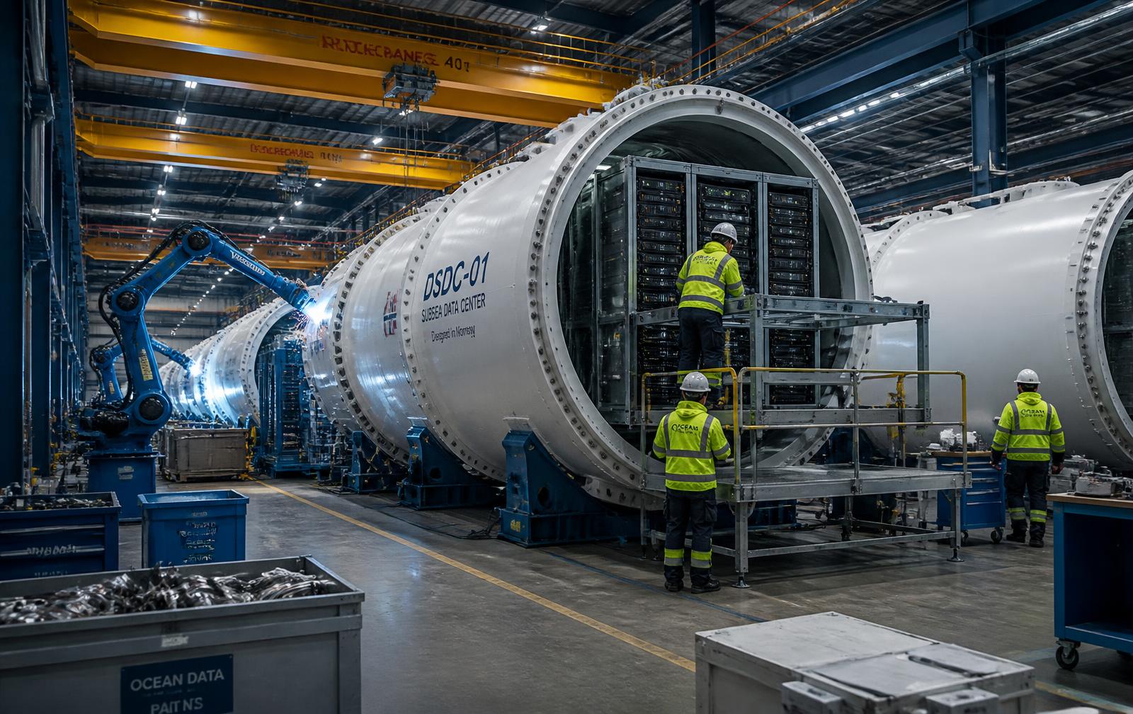 A pressure hull pod under fabrication in a shipyard at night