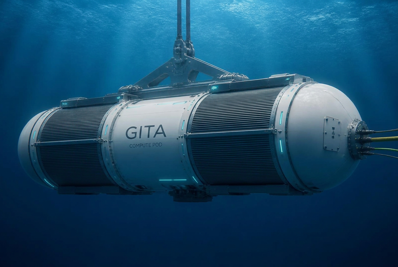 A sealed underwater compute pod suspended in deep ocean water