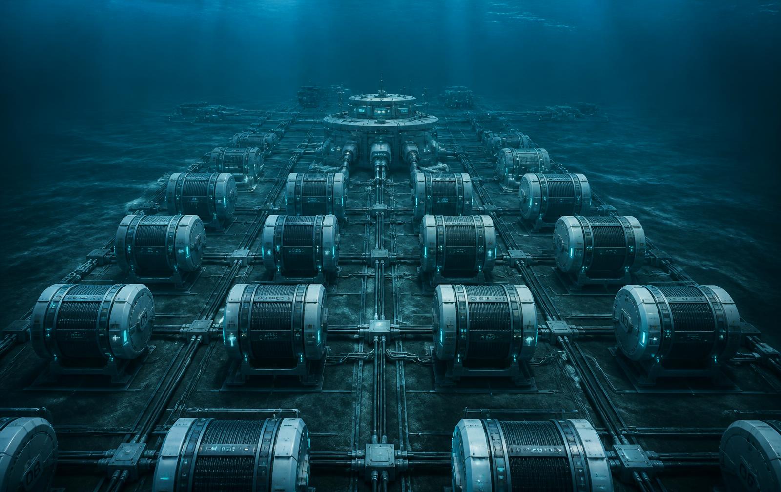 Six compute pods on the seabed connected by subsea cables to a central hub